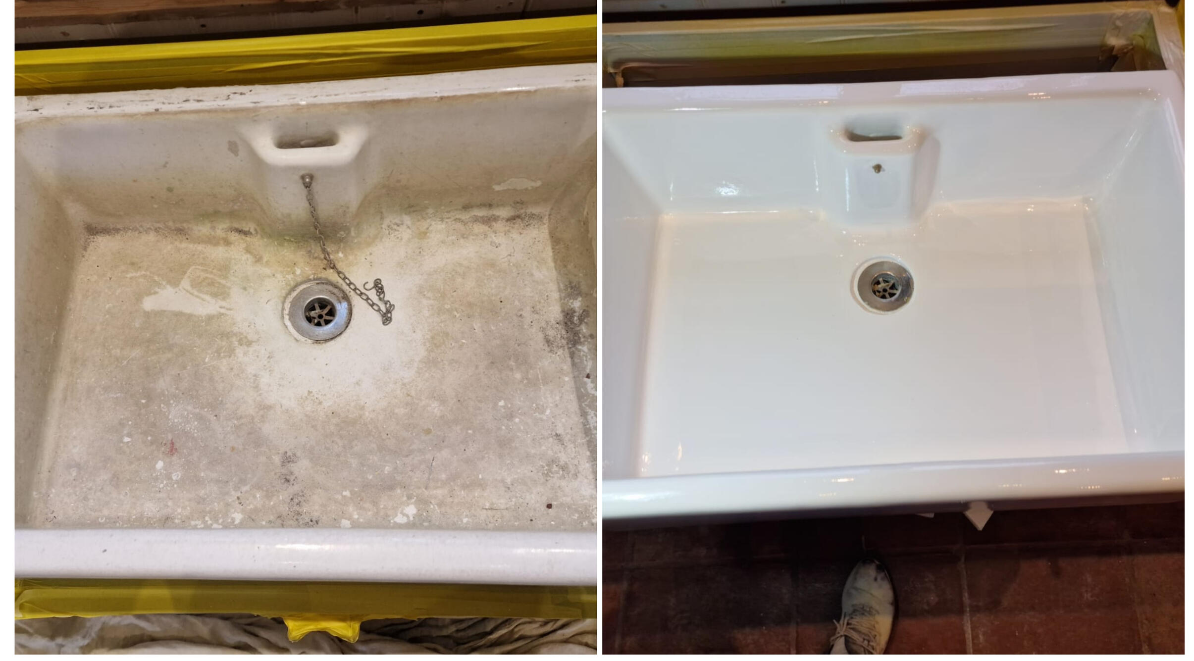 BELFAST KITCHEN SINK RESTORED IN BIRMINGHAM BEFORE AND AFTER PHOTOS OF A KITCHEN CERAMIC BELFAST SINK, WAS DAMAGED AND FULL OF CHIPS, FULLY RESORED TO A LIKE NEW FINISH IN BIRMINGHAM