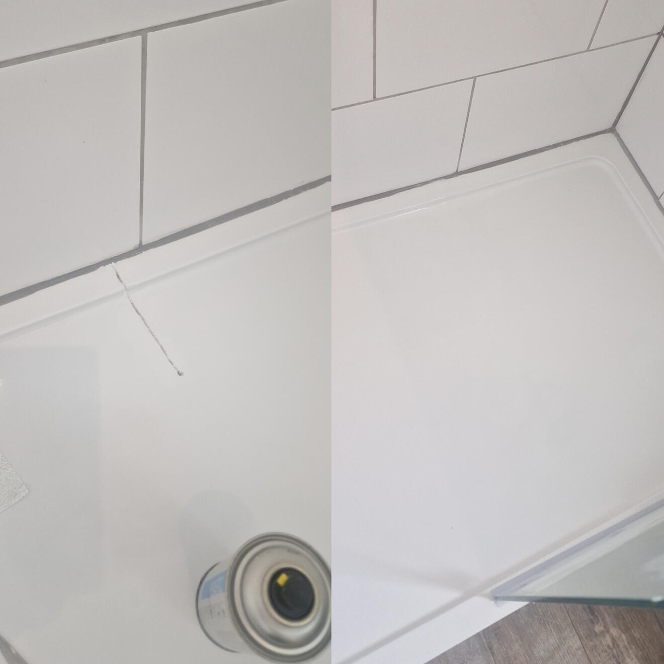 Shower tray crack repair before and after pictures of a stone resin acrylic shower tray crack repair in Birmingham